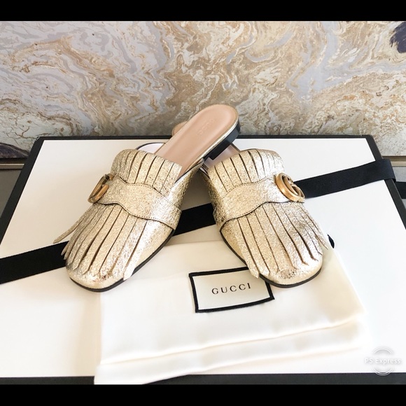 Gucci GG Marmont Gold Metallic Fringe Mule Loafers - Picture 2 of 12